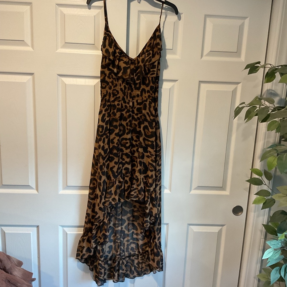 Love Haight Ruffle Leopard Print Brown Maxi Slip Dress High Low Summer sz L - Picture 6 of 8